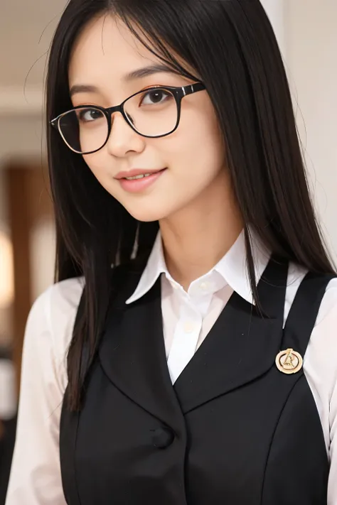 (best quality, masterpiece: 1.1),, 1 girl, closeup, long straight hair,, black jumpsuit, smiling, wear spectacle