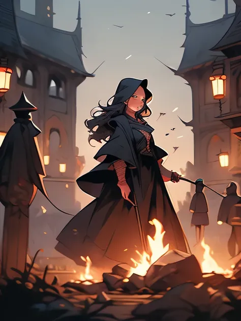 a poster of a witch standing in front of a fire, witch burning, jen bartel, the witch conjure, witches, witch fairytale, witch woman, witch, the witch queen, granny weatherwax, witchy, spell casting wizard, witch academia, an ominous fantasy illustration, ...