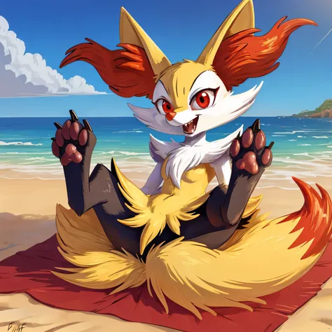 by: fuf，，braixen ,satting，beach ，(red eyes: 1.5)，solo，openmouth，4 toes ，toe claws,teeth,tail，facial tuft，claws, ((feet paws)), (4 toes), toe claws, paw pads,
