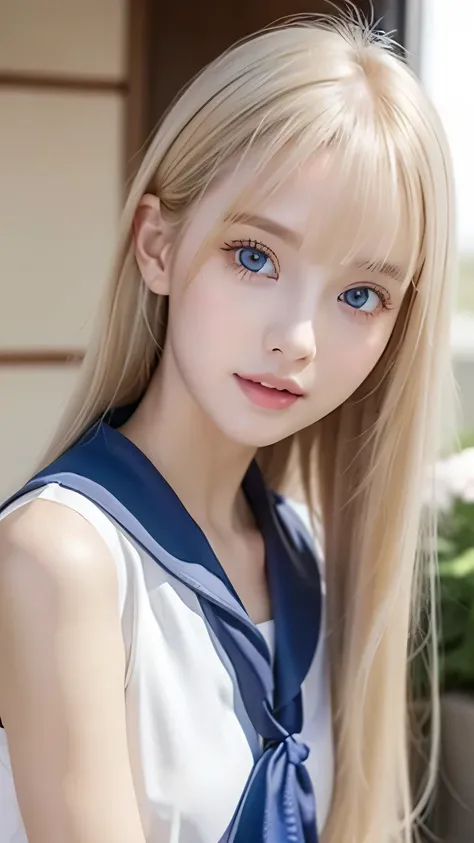 Very beautiful shiny pretty face、Beautiful shiny white skin、Glowing cheek highlight、Beautiful cute sexy very bright pale blue eyes、Bangs between the eyes、Big double eyelid eyes、Beautiful very long shiny silky pale natural platinum blonde straight hair、Sexy...