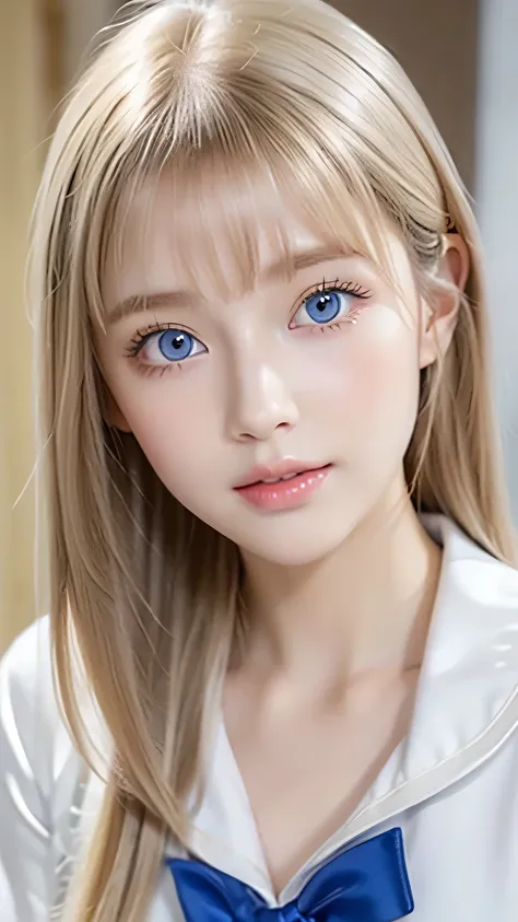 Very beautiful shiny pretty face、Beautiful shiny white skin、Glowing cheek highlight、Beautiful cute sexy very bright pale blue eyes、Bangs between the eyes、Big double eyelid eyes、Beautiful very long shiny silky pale natural platinum blonde straight hair、Sexy...