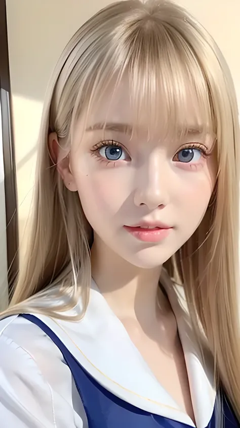 Very beautiful shiny pretty face、Beautiful shiny white skin、Glowing cheek highlight、Beautiful cute sexy very bright pale blue eyes、Bangs between the eyes、Big double eyelid eyes、Beautiful very long shiny silky pale natural platinum blonde straight hair、Sexy...