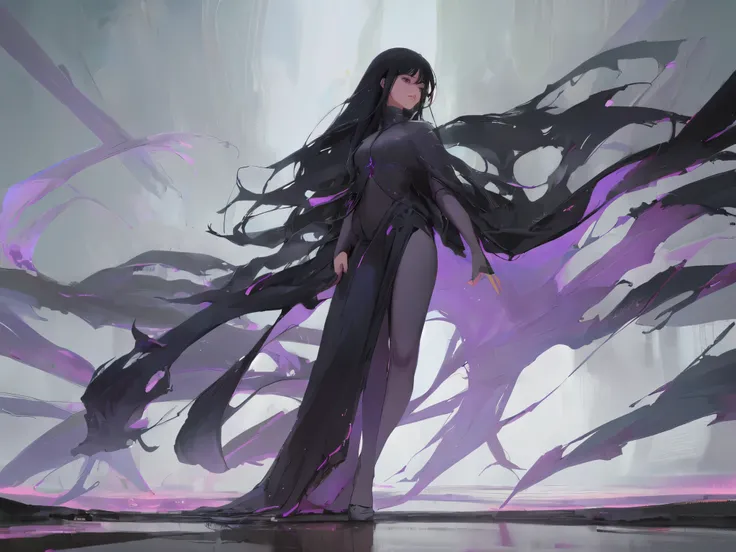 a magical girl, long black hair, purple eyes, wearing predominantly black and purple clothes, depressive magical world, dark fantasy world, world of loneliness and sorrow, (best quality,4k,8k,highres,masterpiece:1.2),ultra-detailed,(realistic,photorealisti...