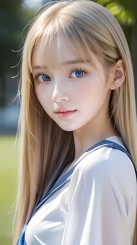 Very beautiful shiny pretty face、Beautiful shiny white skin、Glowing cheek highlight、Beautiful cute sexy very bright pale blue eyes、Bangs between the eyes、Big double eyelid eyes、Beautiful very long shiny silky pale natural platinum blonde straight hair、Sexy...