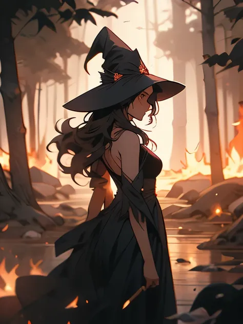 A depiction of a witch standing confidently in front of a blazing fire, her long, dark hair blown back by the wind under a tall, pointed hat. She is wearing a flowing dark dress adorned with fiery accents, and holding a wand. Her silhouette is dramatic aga...