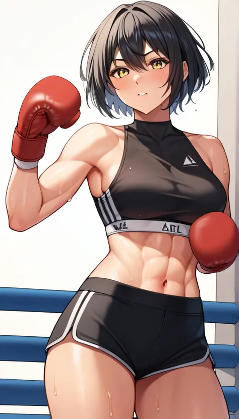 1 girl, black hair,masterpiece,best quality,highres,ultra-detailed,aashizue,yellow eyes,short hair,(sports bra:1.2), boxing gloves, toned, sweating,boxing stance, (sleeveless:1.4)