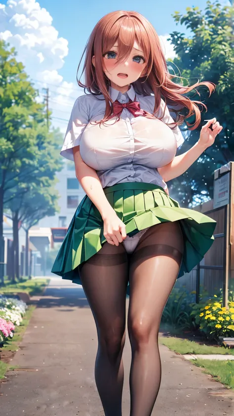 best quality,1girl,((big breasts:1.5)),((orgasm,blush,sweat,steam)),nm1, ((school uniform, white shirt, green skirt, mini skirt, wind,wind lift,loafers:1.3)), ((pantyhose,panties under pantyhose)),walking,pussy juice,garden