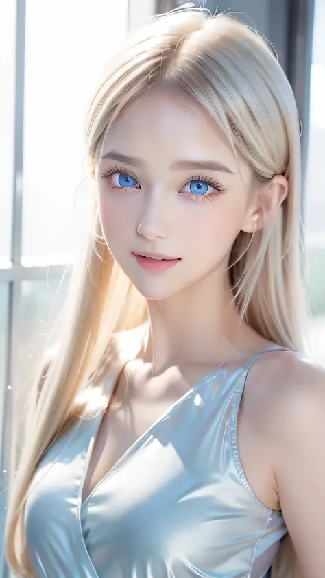 Very beautiful shiny pretty face、Beautiful shiny white skin、Glowing cheek highlight、Beautiful cute sexy very bright pale blue eyes、Bangs between the eyes、Big double eyelid eyes、Beautiful very long shiny silky pale natural platinum blonde straight hair、Sexy...