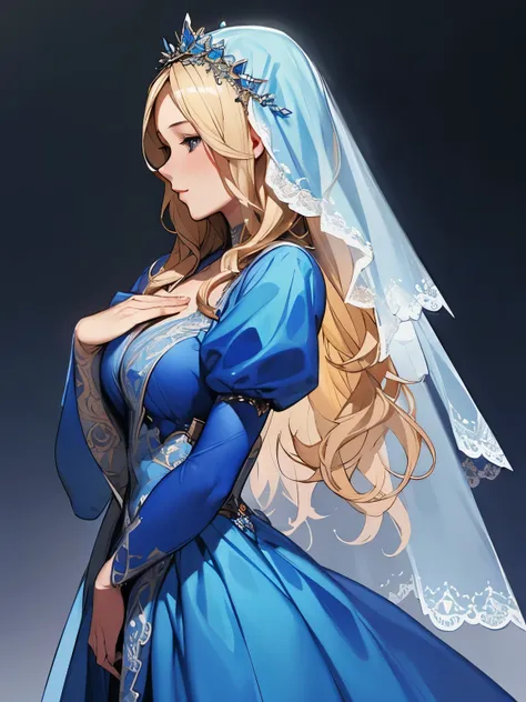 wearing a blue dress and a veil、blonde woman with a veil on her head, beautiful fantasy maiden, detailed fantasy art, beautiful ...