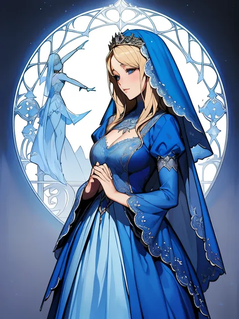 wearing a blue dress and a veil、blonde woman with a veil on her head, beautiful fantasy maiden, detailed fantasy art, beautiful ...