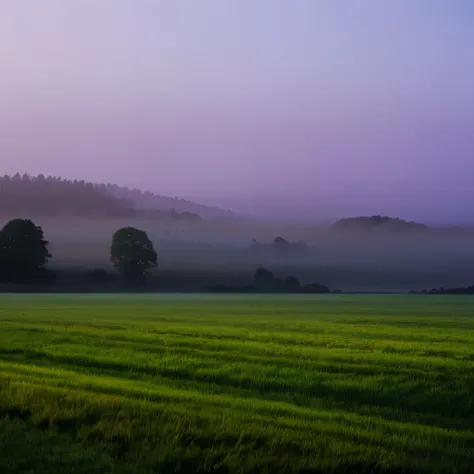 arafed view of a field with trees and fog in the background, purple fog, steven outram, light purple mist, purple mist, foggy at dawn, eerie color, foggy evening, early foggy morning, midnight fog - mist!, foggy twilight lighting, by Carl Rahl, by Gregory ...