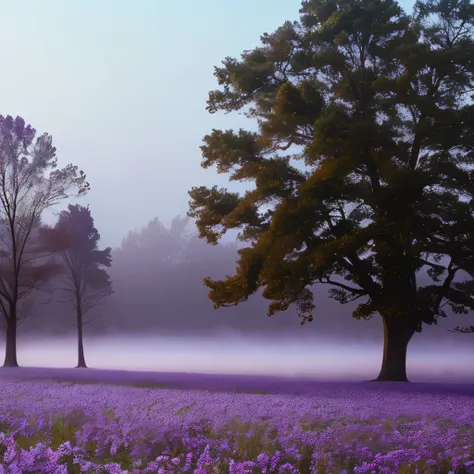 arafed view of a field with trees and fog in the background, purple fog, steven outram, light purple mist, purple mist, foggy at dawn, eerie color, foggy evening, early foggy morning, midnight fog - mist!, foggy twilight lighting, by Carl Rahl, by Gregory ...