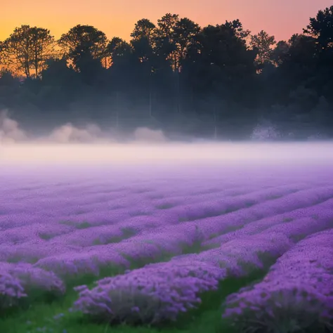 arafed view of a field with trees and fog in the background, purple fog, steven outram, light purple mist, purple mist, foggy at dawn, eerie color, foggy evening, early foggy morning, midnight fog - mist!, foggy twilight lighting, by Carl Rahl, by Gregory ...