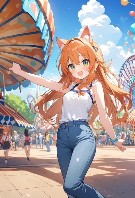 Young girl、Very cute、small、Firm breasts、Denim pants、Orange Hair、High quality backgrounds、、amusement park、Cheerful attitude、Cat ears、Cat&#39;s tail、Patting the head