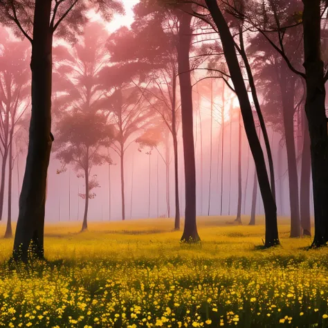 misty morning landscape, tall trees, dense foliage, yellow wildflowers, soft pink and purple sky, dawn light, atmospheric calmness, foggy ambiance, natural beauty