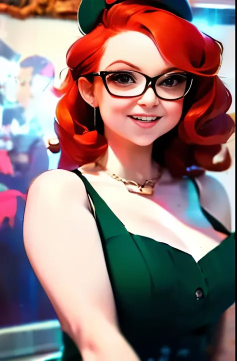 a close up of a woman wearing a red hat and glasses, pinup style, sixties pinup, retro pinup model, 1950s vibes, retro 5 0 s style, with curly red hair, 50s style, 5 0 s style, with square glasses, red head, rockabilly style, pinup pose, pinup, comic pinup...