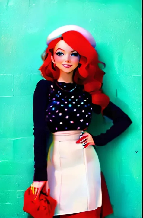 Red-haired woman in a black and white polka dot top, paired with a vibrant red skirt and a matching red beret. She has her hand elegantly poised, showing off her red-painted nails, against a white brick wall background, creating a chic and stylish vintage ...