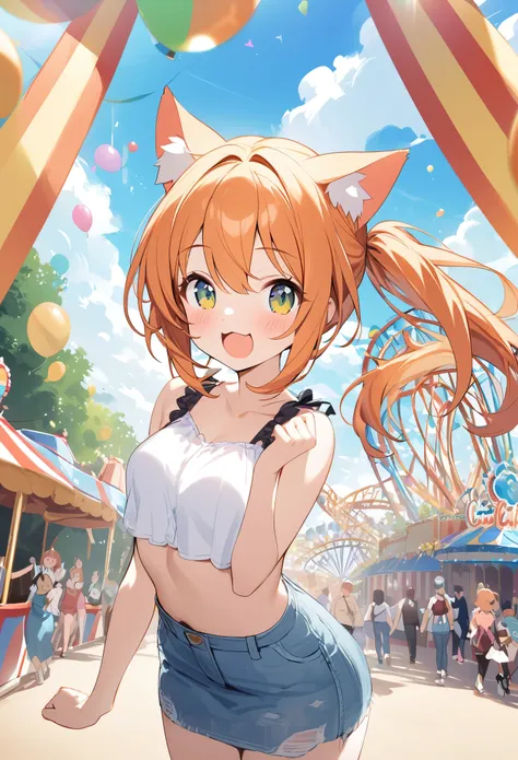 Young girl、Very cute、small、Firm breasts、Denim skirt、Orange Hair、High quality backgrounds、amusement park、Cheerful attitude、Cat ears、Cat&#39;s tail、An innocent smile