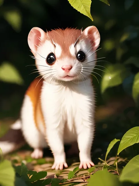 there is a small black and white striped animal standing on a pile of leaves, adorable appearance!!!, the cutest creature in the world, the cutest creature of the world, weasel - ferret - stoat ) ], incredibly cute, she has white eyes!!!, !! looking at the...