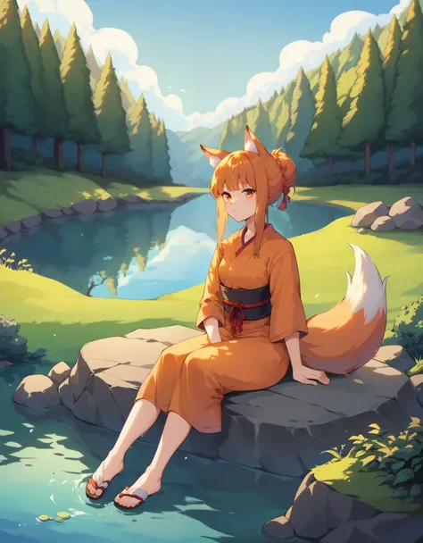 score_9, score_8_up, score_7_up,  holo, 1girl, fox ears, orange eyes, orange kimono, outdoors, sitting, rocks, lake,