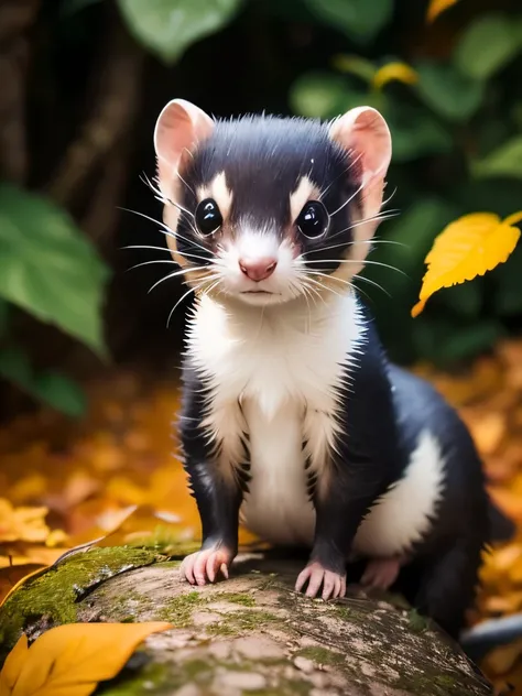 there is a small black and white striped animal standing on a pile of leaves, adorable appearance!!!, the cutest creature in the world, the cutest creature of the world, weasel - ferret - stoat ) ], incredibly cute, she has white eyes!!!, !! looking at the...