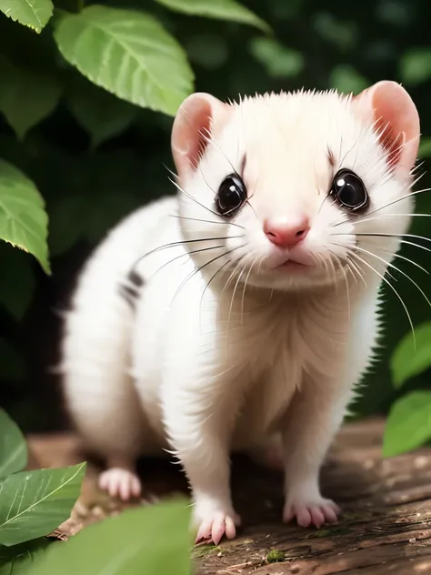 there is a small black and white striped animal standing on a pile of leaves, adorable appearance!!!, the cutest creature in the world, the cutest creature of the world, weasel - ferret - stoat ) ], incredibly cute, she has white eyes!!!, !! looking at the...