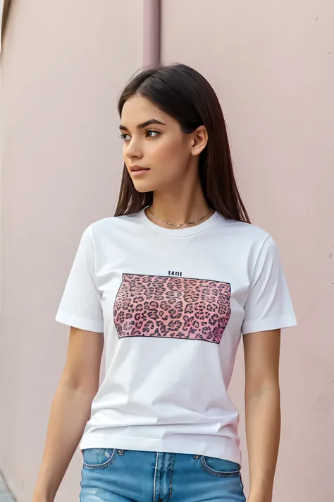 White t-shirt printed with a faded pink leopard print, with the D&C logo printed inside, in premium tones