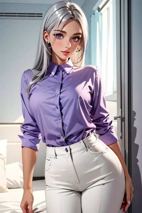 girl, long gray hair, silver eyes, cold features, white skin, pink lips, purple full length shirt sexy pose