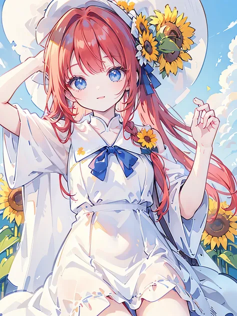 ​masterpiece、high-quality、top-quality、Beautiful face、expressive eyes、hard disk、Perfect lighting、A detailed face、Detailed body、1girl、cute、solo、(A red-haired)、braided ponytail、swept bangs、 blue eyes、((sunflower hat))、((white one-piece dress))、、(smiling)、blue...