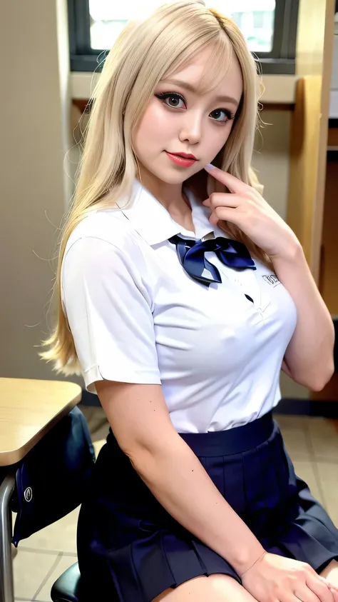 Heavy makeup,A seductive smile,blonde,Japanese,White collared shirt, tie, Pleated skirt, Micro Mini Skirt, loafers, whole body,Beautiful thighs,sitting at a desk in the classroom,Sunburned skin,The bra is visible through