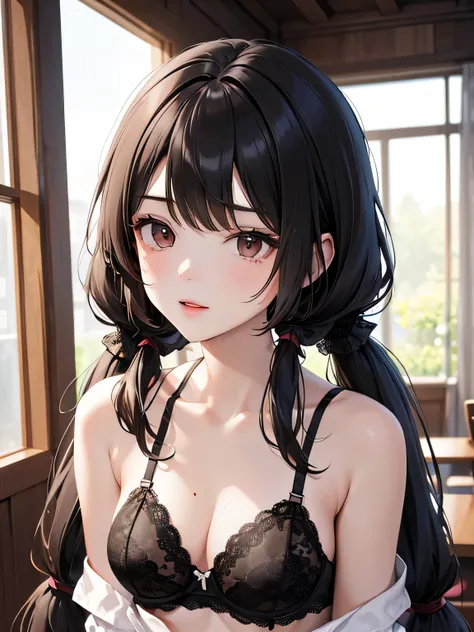 best quality, highres,Slender、Brown eyes、tall、Black Hair、(Long Hair:1.3),(Straight Hair:1.3)、(Twin tails:1.3)、7th life、(Black lace bra:1.3)、slouch、Looking up、whole body