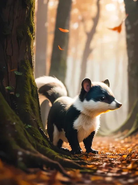 tiny skunk, curious expression, black and white fur, standing on fallen leaves, natural environment, outdoor, fallen log in background, natural lighting, soft shadows, warm autumn atmosphere, ground-level angle, sharp focus on skunk, detailed texture of fu...