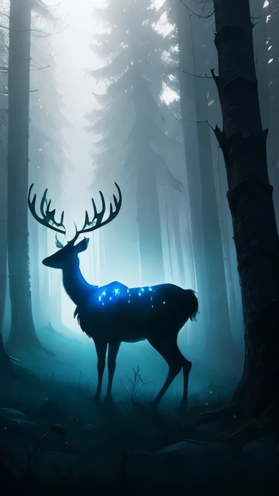 mysterious ethereal deer, glowing eyes, dark forest, misty atmosphere, tall pine trees, foggy environment, deep shadows, twilight, enigmatic, surreal, mythical creature, haunting, deep blue color palette, quiet eerie mood, subdued lighting, high contrast, ...