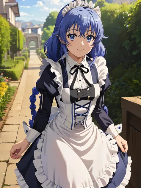 Best Quality, (Anime illustration style:1.2), roxy migurdia ,Fine, 1girl, solo, smile, Twin braids, Long Hair, (Beautiful blue eyes、Sparkling Eyes, fine grain)、smile、Closed Mouth、Blue Hair, blue eyes, (victorian maid outfit:1.3), stand, sight, Outdoor, Cow...