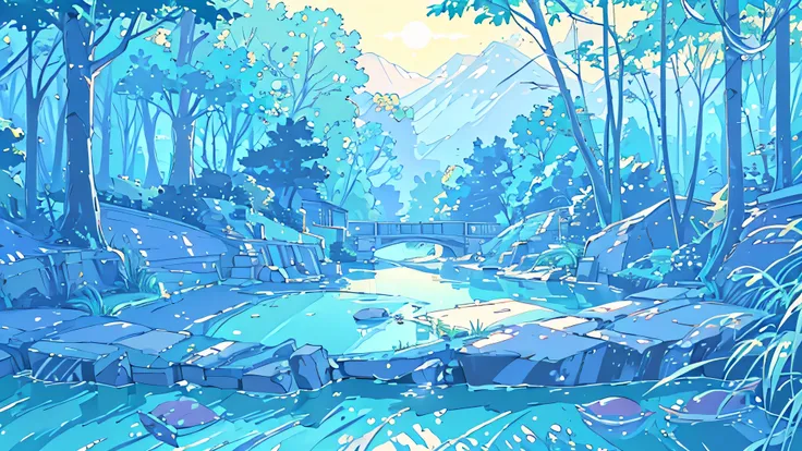 Create a scene of a tranquil stream illuminated by the soft light of the morning or evening sun.。There are rocks of all sizes in the river.、The clear water flows quietly。Lush trees in the background々Spread、Sunlight on trees々Plug in from between、Depict a na...