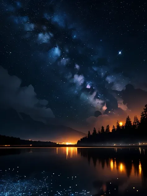 arafed image of a lake with a lot of water and a lot of stars, during a meteor storm, meteor shower, stars reflecting on the water, golden meteors, raining at night, fireflies!!!!, meteors falling, star rain, dark glowing rain, magical sparkling lake, fire...