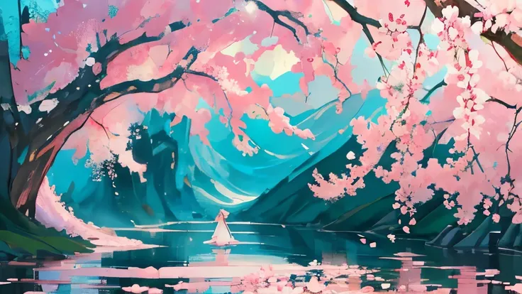 Depict the fleeting beauty of cherry blossoms (sakura) as they gently fall from the trees. The scene is set during a soft, tranquil afternoon with a clear sky, the sunlight filtering through the delicate branches. The petals swirl and drift on a light bree...