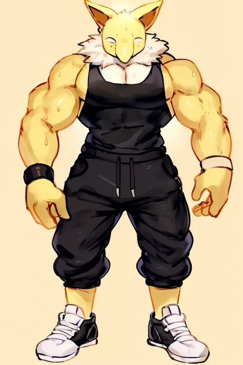 Furry, Anthro, solo, Hypno, Male, (((muscular body, massive male pectorals, yellow skin, wearing white fluffy fur around neck))), ((((massive biceps, wide-eyed, head tilted, sweating, glossy, standing)))), ((((((massive bulky torso, facing viewer, wearing ...