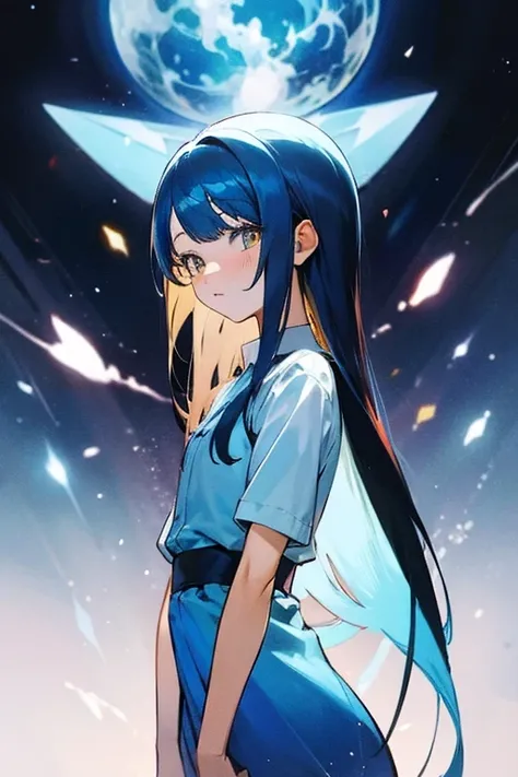 Rimuru Tempest, sky blue long Straight Hair, long bangs, amber eyes,