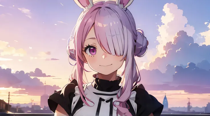 Her hair is pink on the left and silver on the right,Long enough to cover one eye,Best Quality, pretty girl, Pastel color background, Fluffy bunny ears,,i am the strongest,Background is musical notes,Clouds fill the screen,smile,Above the waist