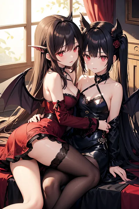 In a shadowy corner of a dimly lit room, two twin sisters, dressed in matching succubus outfits, are locked in a passionate embrace. The older sister, with her hair cascading down her shoulders, leans in close to whisper something into the younger sisters ...