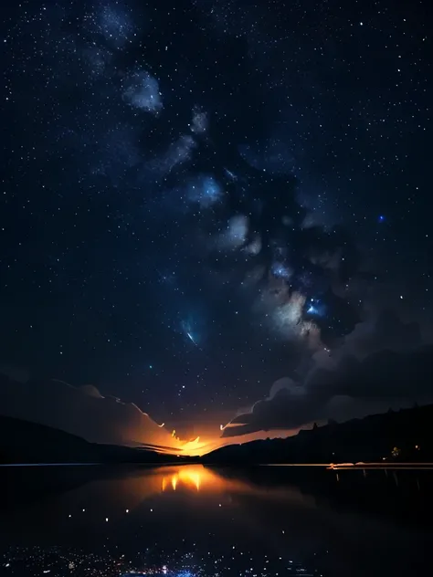 arafed image of a lake with a lot of water and a lot of stars, during a meteor storm, meteor shower, stars reflecting on the water, golden meteors, raining at night, fireflies!!!!, meteors falling, star rain, dark glowing rain, magical sparkling lake, fire...