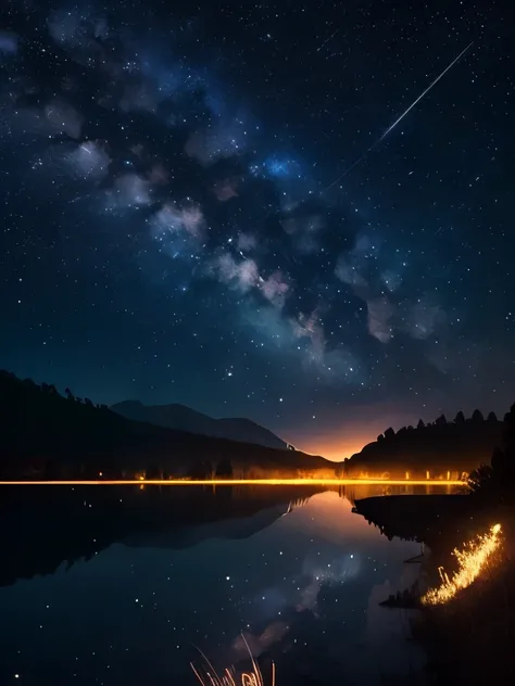 arafed image of a lake with a lot of water and a lot of stars, during a meteor storm, meteor shower, stars reflecting on the water, golden meteors, raining at night, fireflies!!!!, meteors falling, star rain, dark glowing rain, magical sparkling lake, fire...