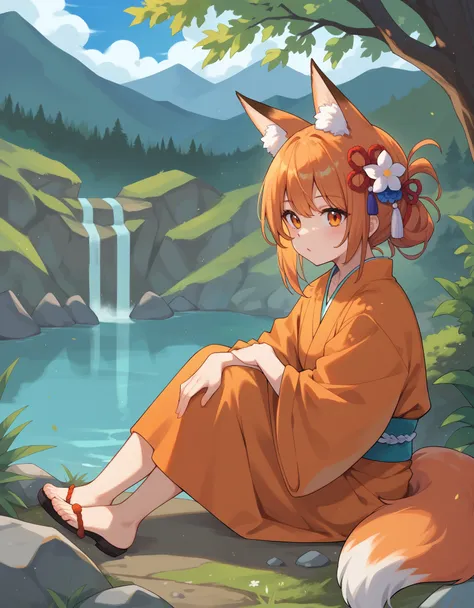 score_9, score_8_up, score_7_up,  holo, 1girl, fox ears, orange eyes, orange kimono, outdoors, sitting, rocks, lake,