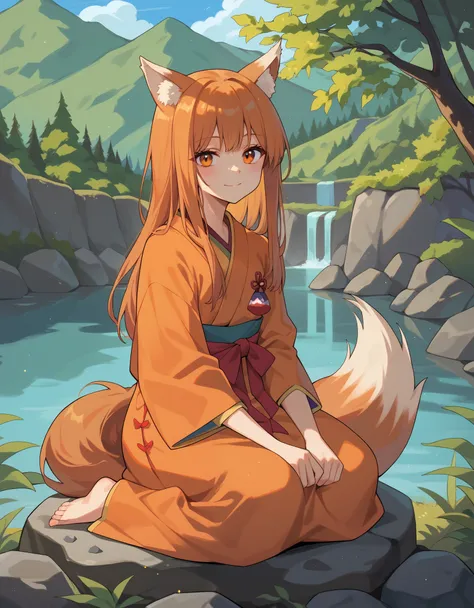 score_9, score_8_up, score_7_up,  holo, 1girl, fox ears, orange eyes, orange kimono, outdoors, sitting, rocks, lake,