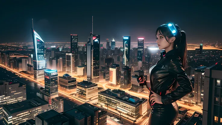 (3D, ultra-detailed, UHD, high-quality,1 girl, age 23, closeup, upper body, detailed face, futuristic city, flying cars, rooftop view), a girl stands confidently on a building rooftop, wearing a sleek suit. Behind her, a vibrant cityscape with glowing neon...