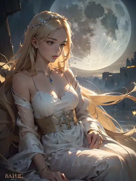 a girl in white dress, long blond hair, sitting under a full white moon, moonlight glowing on her face, detailed intricate patterns on the dress, beautiful detailed eyes, beautiful detailed lips, extremely detailed face, longeyelashes, serene peaceful expr...