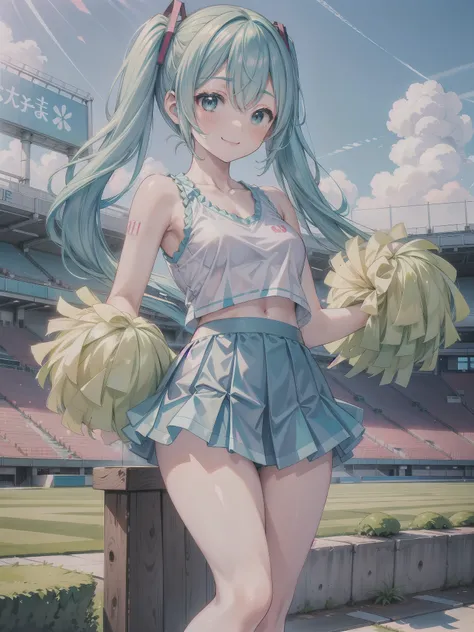 girl, medium breasts, Periwinkle with white tank top, Periwinkle skirt, cheerleader, Periwinkle pom, Japan Stadium, wink, smile, Hatsune Miku, Miku, Green hair, Green cheerleaders on hand, Japan stadium background,