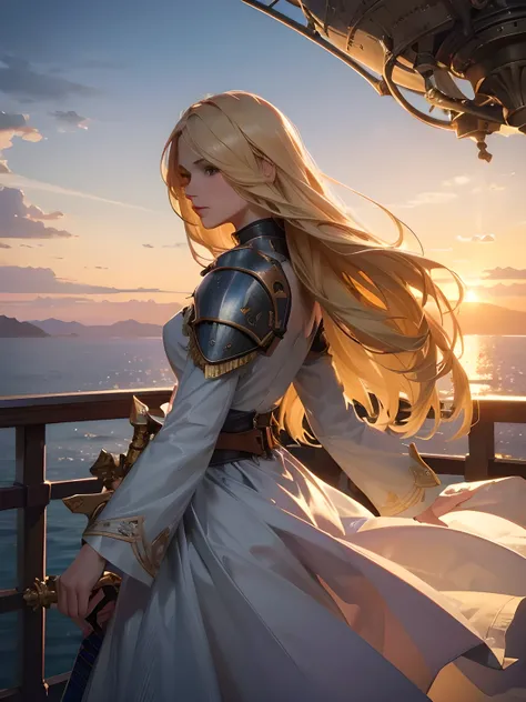 Long-haired female knight holding sword, long blonde hair, hair blowing in the wind, Early Final Fantasy vibe, fantasy world airship flying in the sky, sci-fi fantasy airship with propellers, view from the deck of the airship, staring into the distance on ...