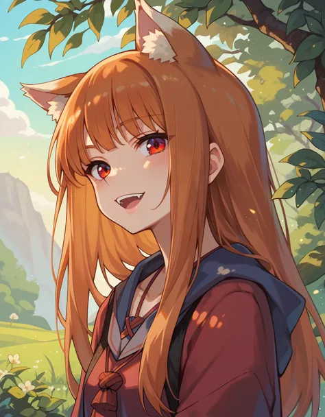 score_9, score_8_up, score_7_up, score_6_up, holo, 1girl, wolf ears, long hair, solo, red eyes, ginger hair, wolf tail,